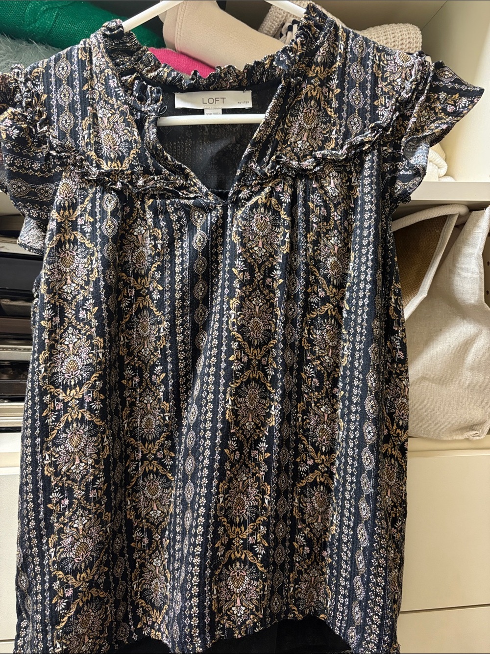 LOFT Black Floral-Stripe Ruffle Shimmer Blouse